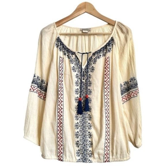 Lucky Brand Tops - Lucky Brand Beige Cream Embroidered Boho Peasant Top - Medium.